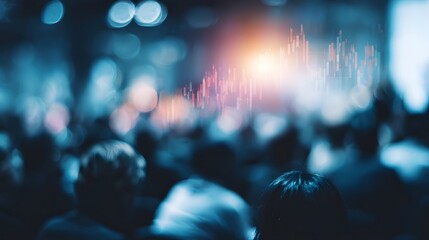 Abstract financial growth graph overlaying a blurred audience at a business presentation or event
