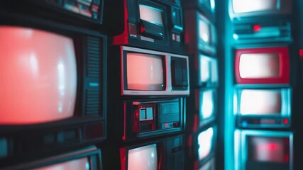 Retro televisions displaying red and blue light - Powered by Adobe