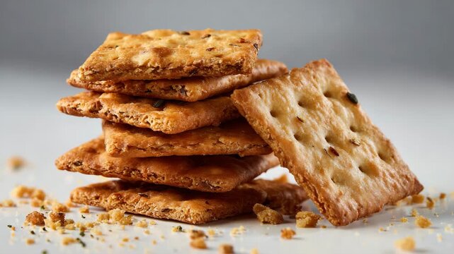 A tempting stack of freshly baked crackers with a golden-brown hue, inviting viewers to enjoy their crunchy texture and delightful flavors, perfect for snacking.