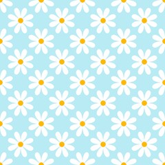 Simple Daisy Seamless Pattern, Cute White Flower and Light Blue Background, Minimalist Spring Kids and Baby Textile Digital Paper.