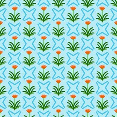 Minimalist Geometric Floral Seamless Pattern, Stylized Orange Flower and Light Blue Mid-Century Modern Background, Spring Textile Wallpaper.