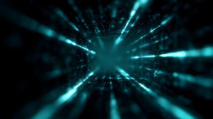 A digital matrix tunnel with glowing cyan light streaks symbolizing speed and data flow