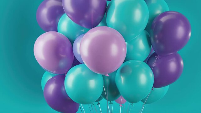 Bunch of teal, purple, lavender balloons floating with strings for party celebration balloon decor