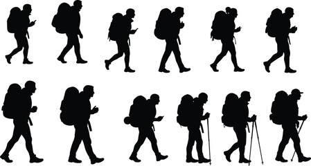 Silhouette of hikers walking with backpacks and trekking poles, outdoor adventure, mountain journey, camping exploration, nature travel, wilderness lifestyle.