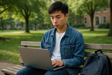 Young asian man using a laptop for online learning in a park