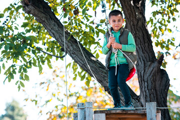 Young boy enjoying zipline adventure in nature park