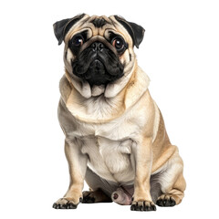 Obraz premium A tan pug, seated, looks at the viewer. It has a black face, wrinkled skin