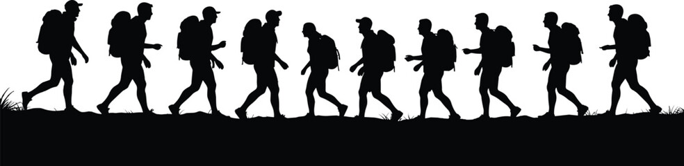 Silhouette of hikers walking with backpacks, outdoor adventure, trekking, teamwork, mountain hiking, exploration, fitness, travel, wilderness, nature journey