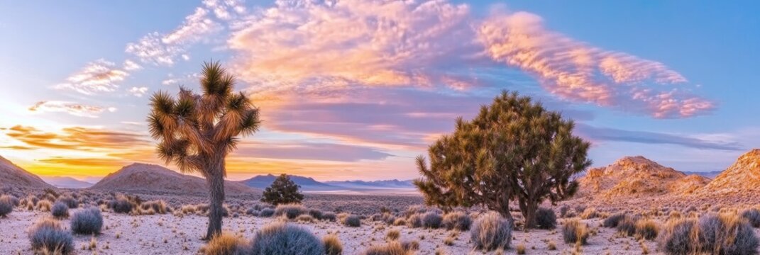 Stunning Sunset over Desert Landscape Featuring Joshua Trees, Dramatic Clouds and Rugged Terrain