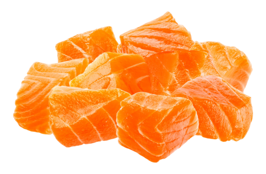 photograph of a generous pile of fresh, raw, cubed salmon fillet pieces, displaying vibrant orange color and texture.