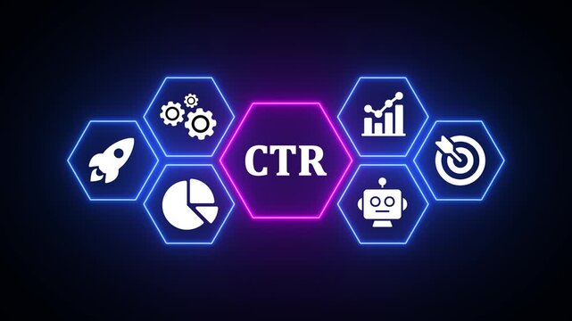 CTR Click Through Rate Marketing Concept with Icons and Neon Hexagons advertising digital marketing