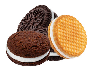 photograph showcasing a variety of cream-filled sandwich cookies, including chocolate, wafer, and decorative flavors, isolated against black.