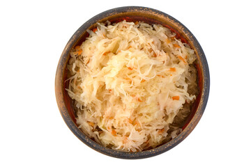 Sauerkraut in rustic bowl, isolated on white background