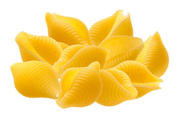 close up photograph of raw italian conchiglie pasta shells piled together, showcasing rich golden yellow color, isolated on a transparent background.