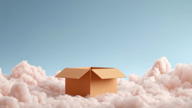 Open cardboard box floating on soft cloud under clear blue sky with foam bubbles and rocket launch