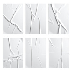 Six blank, textured, white posters, with varying wrinkles and folds, in a grid format