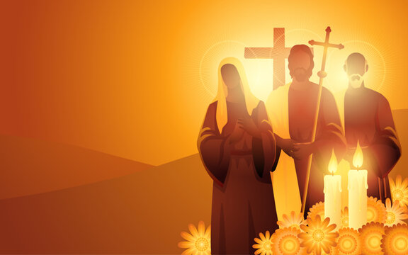 All Saints Day Illustration with Male and Female Saint Figures, Cross, and Candles, Christian Faith Background.