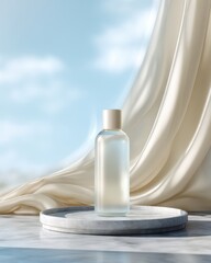 Clean Branding Mockup with Silk Curtain, Marble Tray, Glass Skincare Bottle, and Blue Sky Background