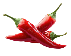 Three vibrant red chili peppers