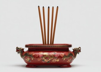 Red incense burner with dragon motifs and burning incense sticks