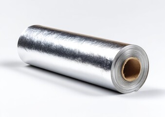 Rolled silver metallic foil on a white background