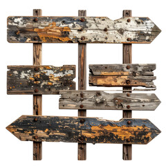 Weathered wooden signposts pointing different directions, rustic texture