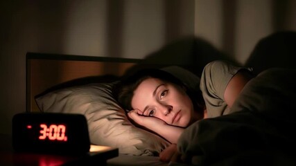 A woman lies awake in bed at night, illuminated by the glow of a digital clock - Powered by Adobe