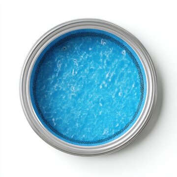 Overhead view of a small, round hot tub.  Light gray metal rim surrounds a vibrant light-blue water surface