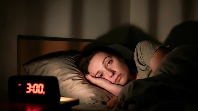 A woman lies awake in bed at night, illuminated by the glow of a digital clock