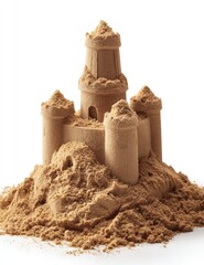 A meticulously crafted sandcastle sits atop a sizable pile of sand, light brown in color, against a pure white background