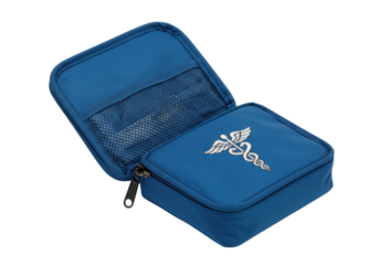 Isolated Blue First Aid Kit Open Showing Mesh Pocket and Caduceus Symbol for Medical Services