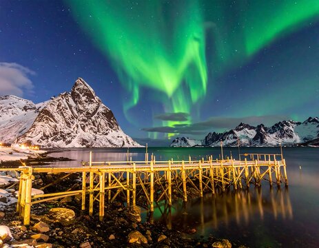A night scene showing an aurora borealis display over a coastline with mountains and a pier at water's edge