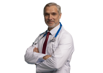 Cheerful mature doctor posing and smiling at camera, healthcare and medicine on transarent