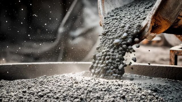 Concrete aggregate pouring with cement gravel mix splashing dust particles in construction site