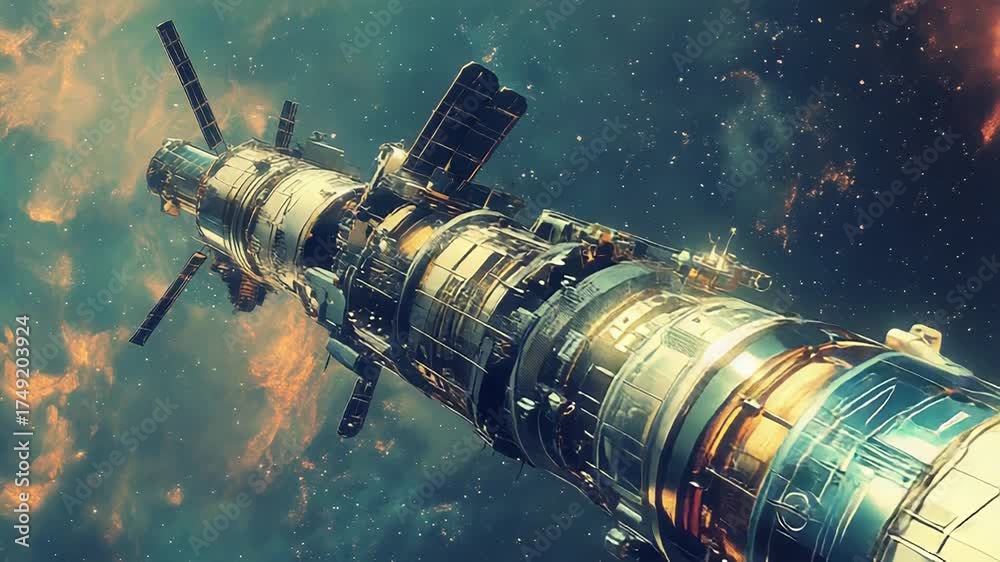 Wall mural spaceship traveling through cosmic nebula in deep space