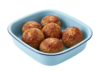 Isolated yummy baked meatballs in a blue pan ready to eat for a hearty delicious meal