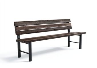 Rustic wooden park bench with dark brown weathered planks and metal supports