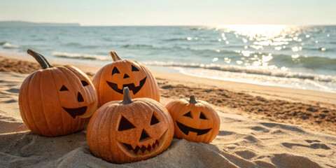 Holiday festival background. Halloween carved pumpkin placed on sandy beach with evening sunlight...