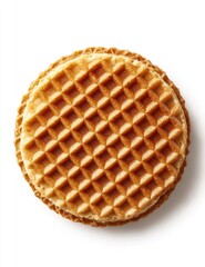 A round, light golden-brown waffle cookie, top view, with a light cream filling.  The waffle pattern is clearly visible