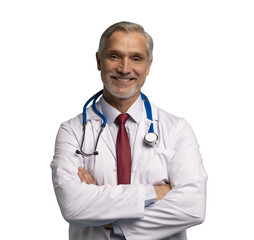 Fototapeta premium Cheerful mature doctor posing and smiling at camera, healthcare and medicine on transarent