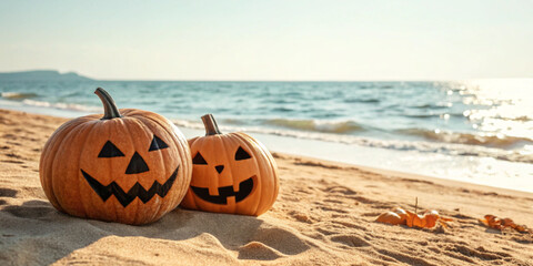 Holiday festival background. Two Halloween carved pumpkins on a sandy beach with morning sunlight...