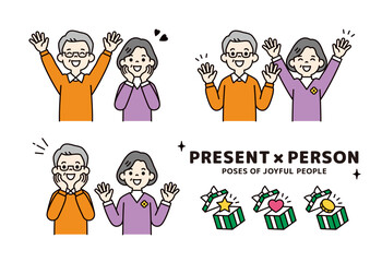 贈り物と、嬉しそうな表情・ポーズの老いた男性と女性の上半身ベクターイラスト素材セット＿カラー