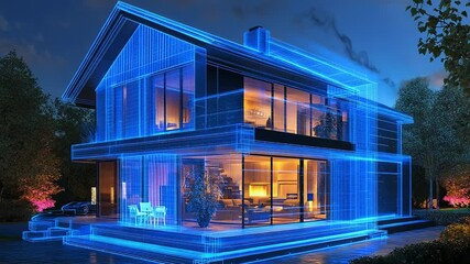Smart home technology showcasing futuristic architectural blueprint hologram - Powered by Adobe