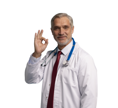Confident mature male doctor with thumbs up on transparent