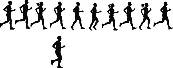 Silhouette of men and women running and jogging together, fitness exercise motion, healthy lifestyle, sport training, marathon illustration design
