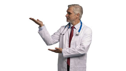 Handsome doctor man wearing medical uniform smiling cheerful presenting and pointing with palm of hand on transparent