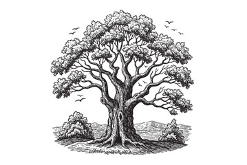 Fototapeta premium oak Tree, Old Tree with a Thick Trunk, engraving vector illustration