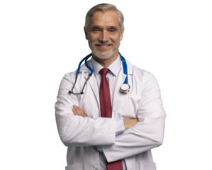 Cheerful mature doctor posing and smiling at camera, healthcare and medicine on transarent