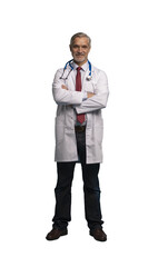 Full length of cheerful mature doctor posing and smiling at camera, healthcare and medicine on transparent