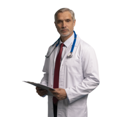 Mature medical expert in white robe with stethoscope, smiling at camera, holding papers with notes, isolated on transparent background